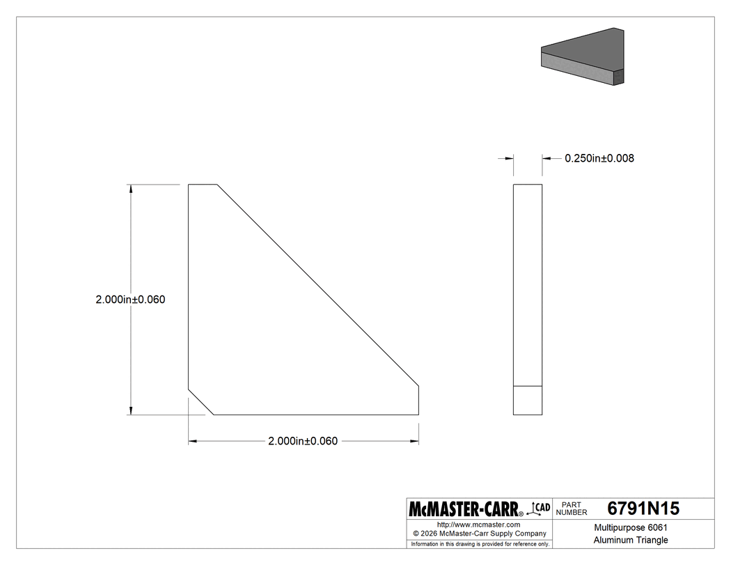 Technical Drawing of Multipurpose 6061 Aluminum Triangle, 2" Wide x 2" Long x 1/4" Thick.